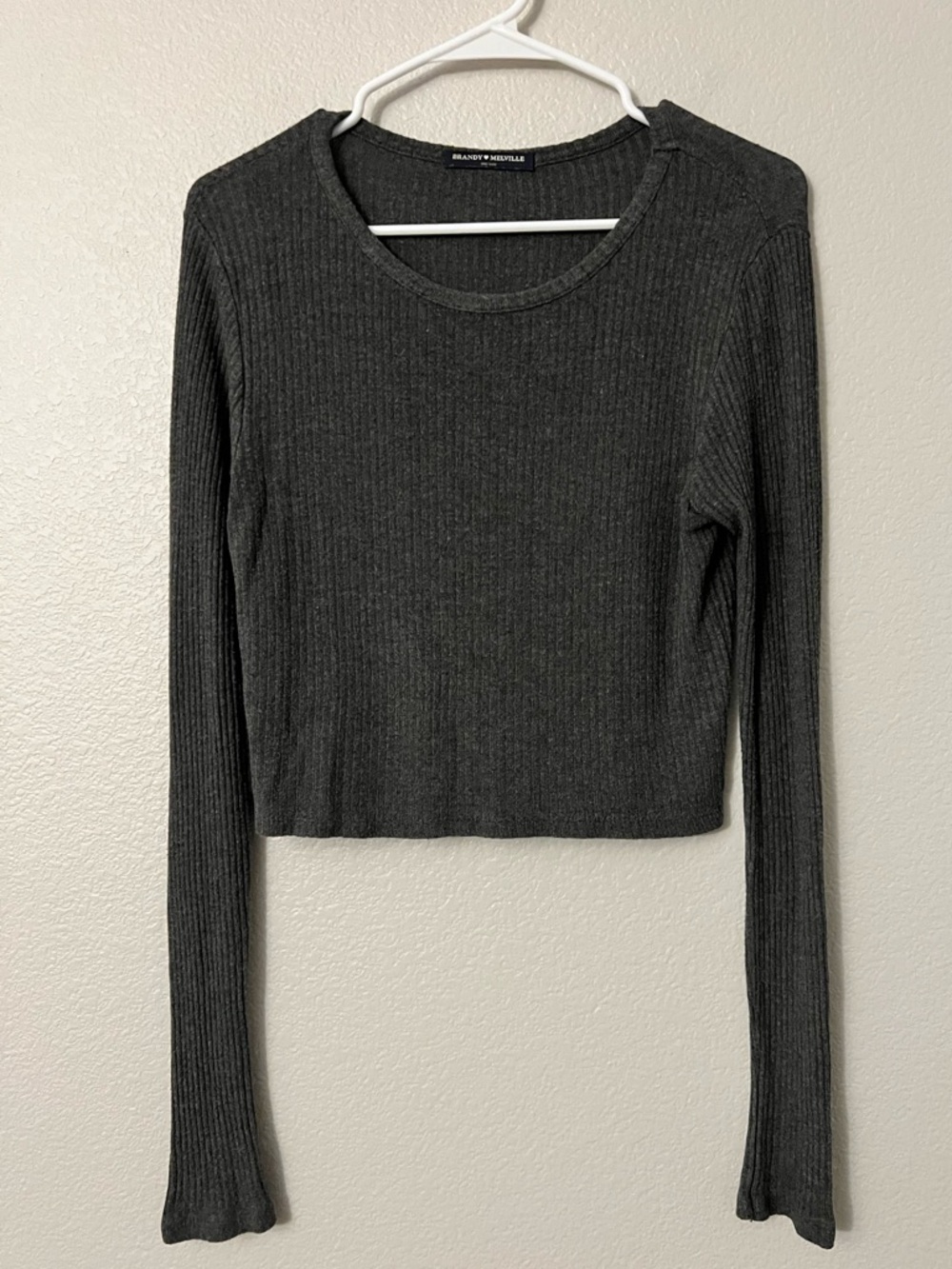 Brandy Melville Women’s Dark Charcoal Ribbed Long-Sleeve Crop Top | Size S